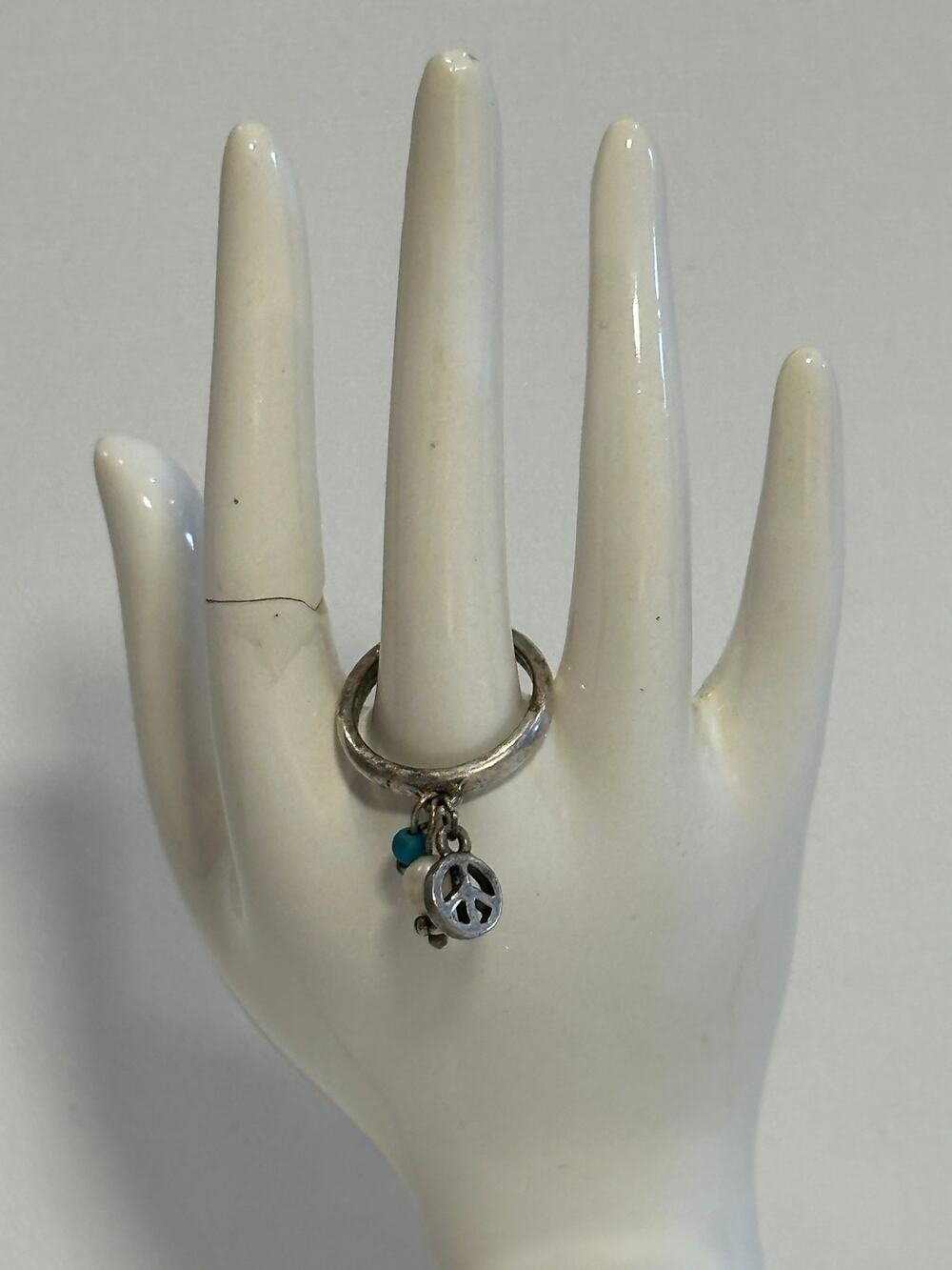 Vintage Y2K Silver Peace Sign Dangle Ring Faux Pearl & Turquoise Charm Size 8